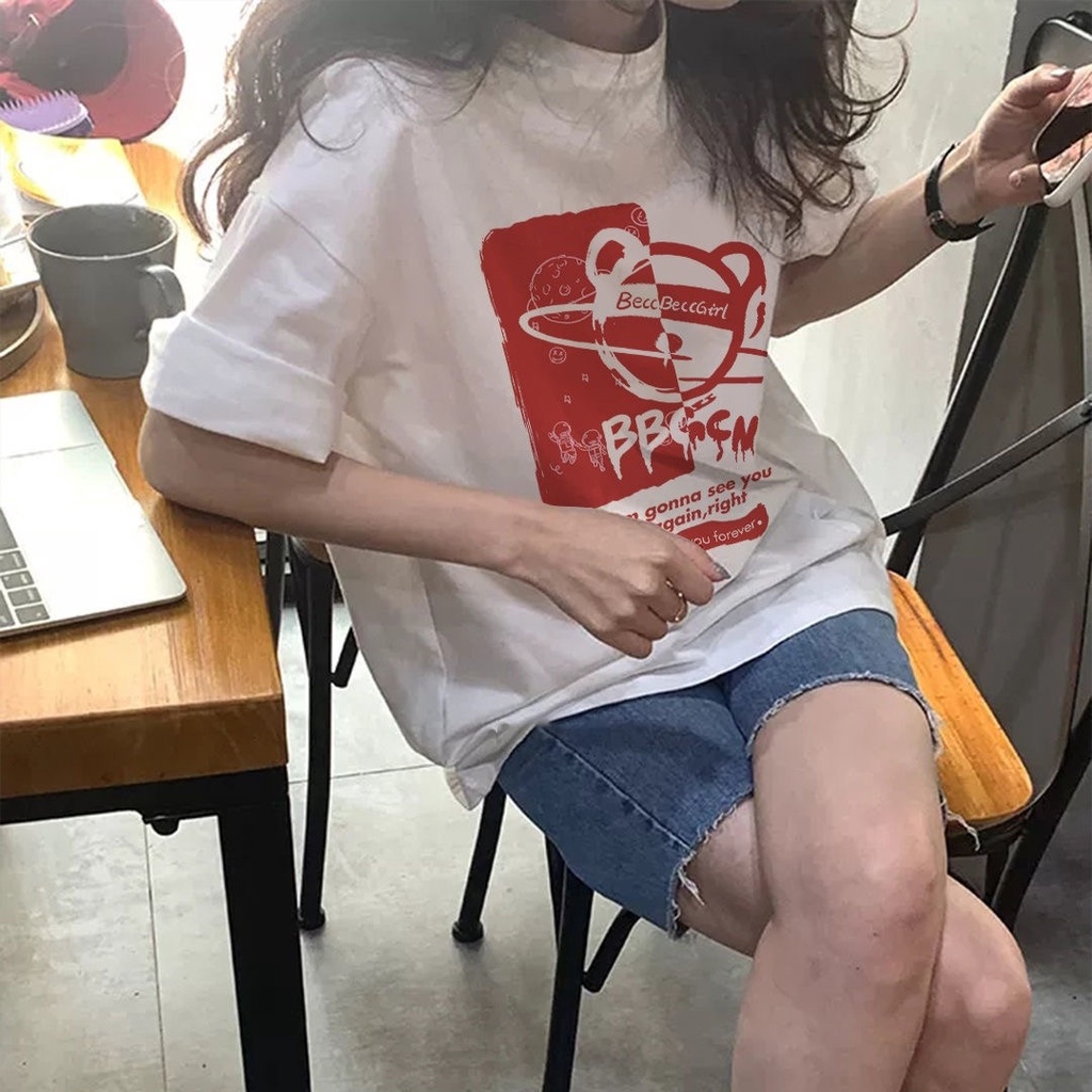 SUXI Áo Thun Tay Ngắn Cổ Tròn Dáng Rộng In Họa Tiết Hoạt Hình Phong Cách Hàn Quốc Thời Trang Mùa Hè Cá Tính