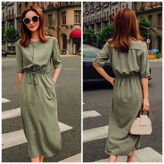 Đầm váy cổ trụ rêu thắt eo (kèm hình thật)