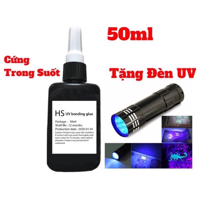 Keo UV cao cấp HS chuyên dán mica, kính, thép trong suốt 50ml + Đèn uv