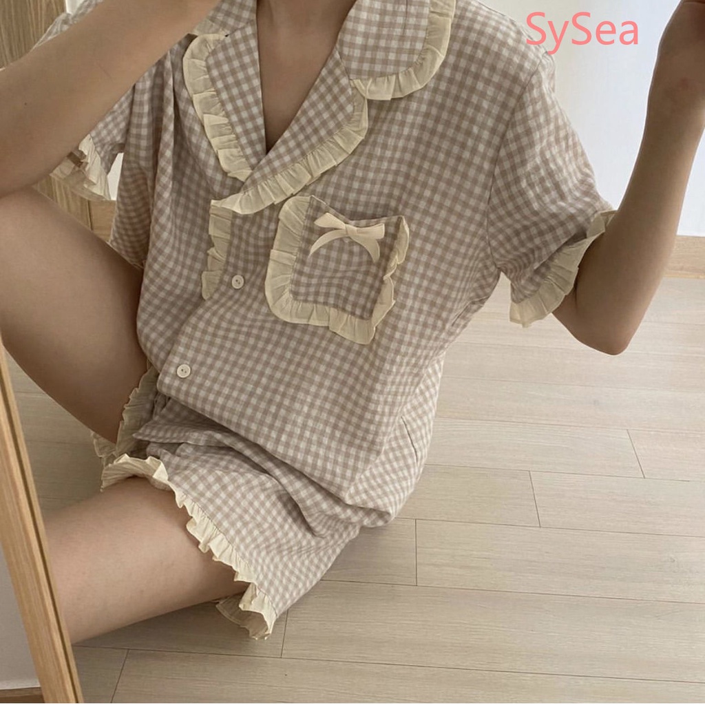 Bộ Đồ Ngủ Tay Ngắn Họa Tiết Sọc Caro Ngọt Ngào Thời Trang Mùa Hè Cho Nữ