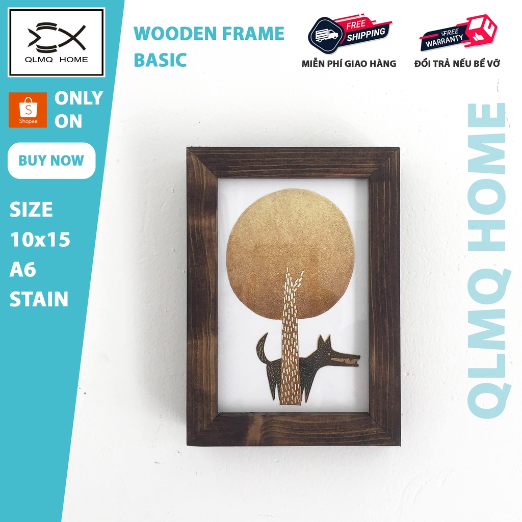 Khung ảnh gỗ Basic A6 10x15 Stain nâu - Khung hình gỗ thông mặt kính vintage để bàn treo tường Woode