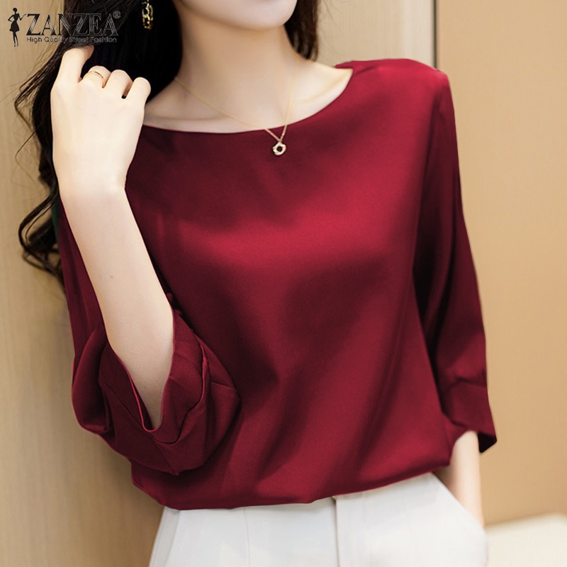Áo thun Zanzea vải satin tay phồng cổ tròn màu trơn thời trang dành cho nữ
