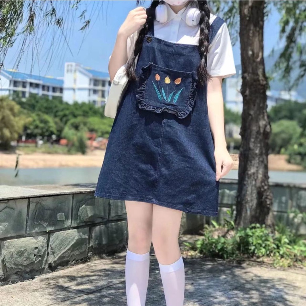 Bộ Áo Sơ Mi Trắng Dáng Rộng + Chân Váy Yếm Denim Phong Cách Nhật Hàn Thời Trang Mùa Hè Cho Nữ