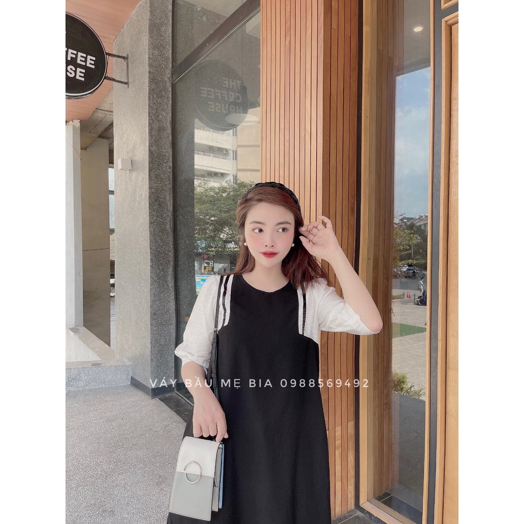 Váy bầu bigsize - Đầm bầu thiết kế GuMe màu ĐEN ĐƯỜNG VÂN TRẮNG TAY  TRẮNG dáng suông chất vải sạn lụa sz 40-100kg MB237