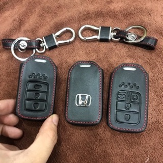 Bao Da Chìa Khoá Ô Tô HONDA City CRV Civic - Ốp Da Bò Thật Chỉ Đỏ Kèm Móc Khoá