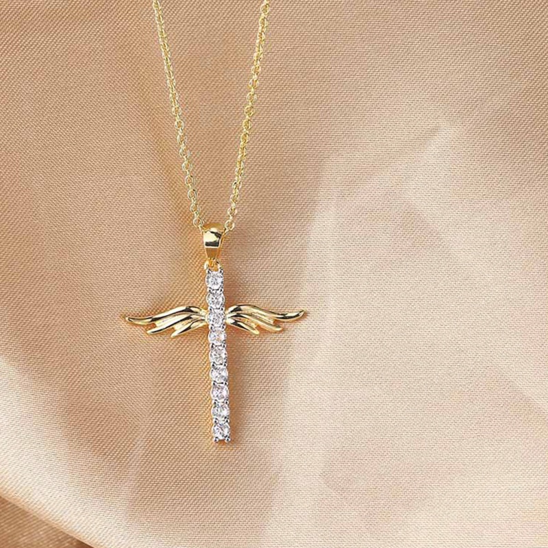 Flgo Vòng cổ Mặt Hình Đôi Cánh Thiên Thần Đính Đá Zircon Phong Cách Âu Mỹ Cổ Điển Đơn Giản Và Hoang Dã