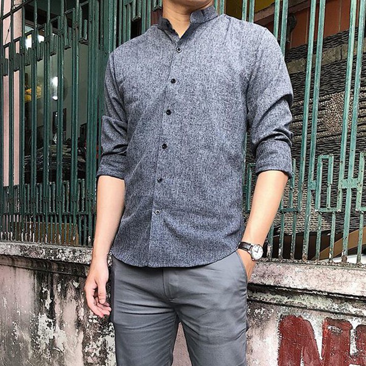 Sơ mi đũi nam tay dài vải đũi không nhăn không xù, Áo cổ tàu cổ trụ nam vải cao cấp