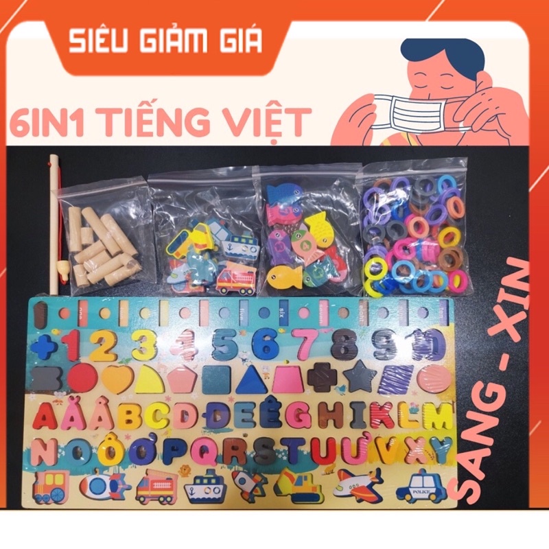 Bộ Câu Cá Bằng Gỗ 6 in 1 chữ cái Tiếng Việt Cho bé
