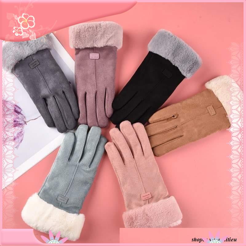 Găng tay chống nắng / chống lạnh nữ da lộn lót lông - Bao tay da lộn