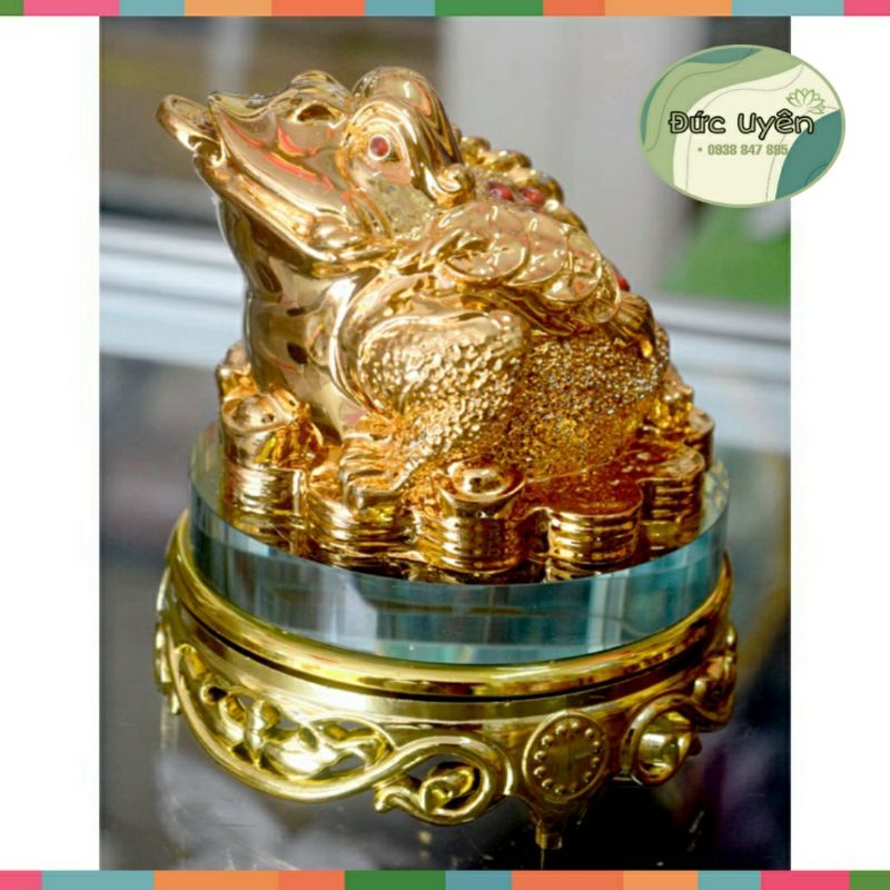 Tượng Cóc Ba Chân ngậm tiền-Thiềm Thừ chiêu tài lộc sơn xi vàng có đế xoay cao 13cm