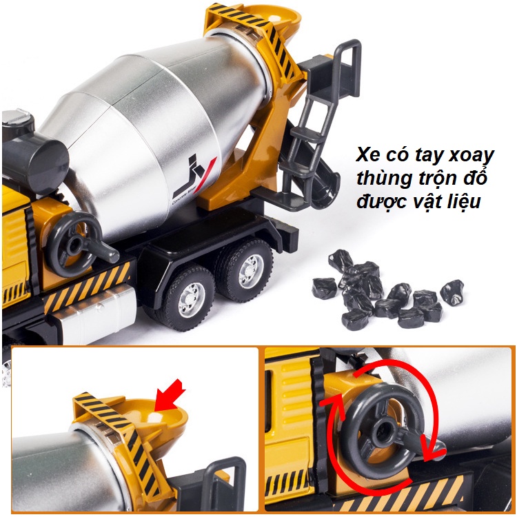 Mô hình xe chở bê tông bằng hợp kim nhựa tỉ lệ 1:50 có âm thanh và đèn xoay được thùng trộn