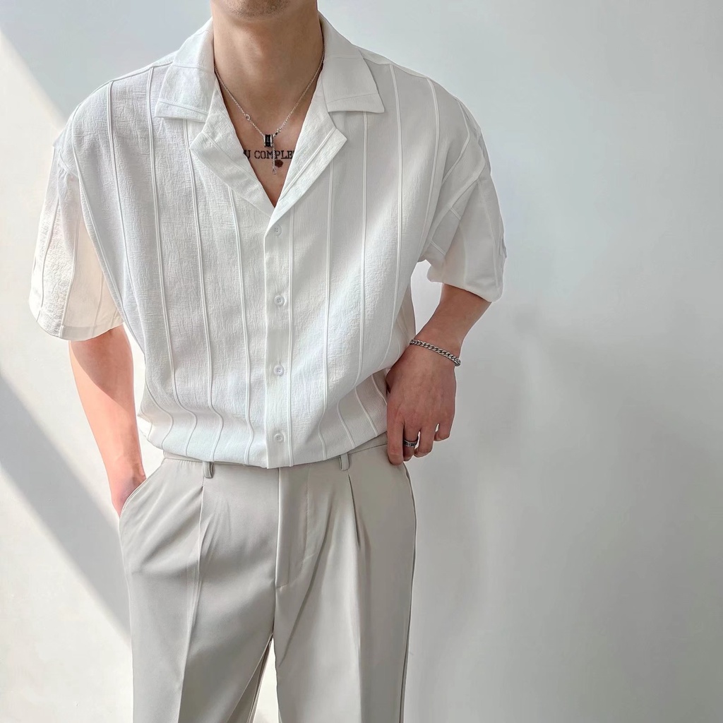 Áo Sơ Mi Lụa Tay Ngắn Dáng Rộng Phong Cách Nhật Bản Thời Trang Cho Nam