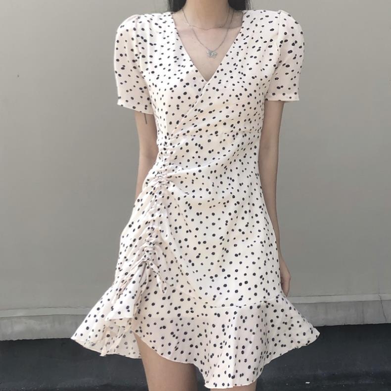 COZOK Đầm tay ngắn cổ chữ V họa tiết hoa thời trang cho nữ