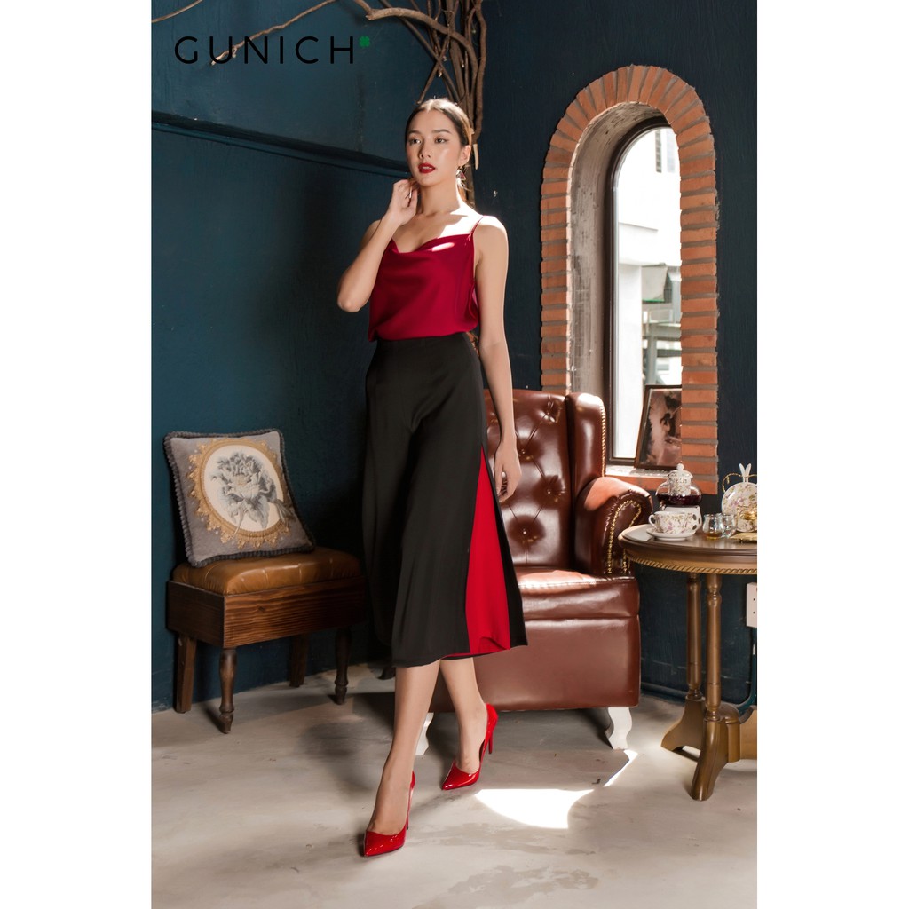 Quần culottes 2 lớp lụa xẻ suông đen Gunich