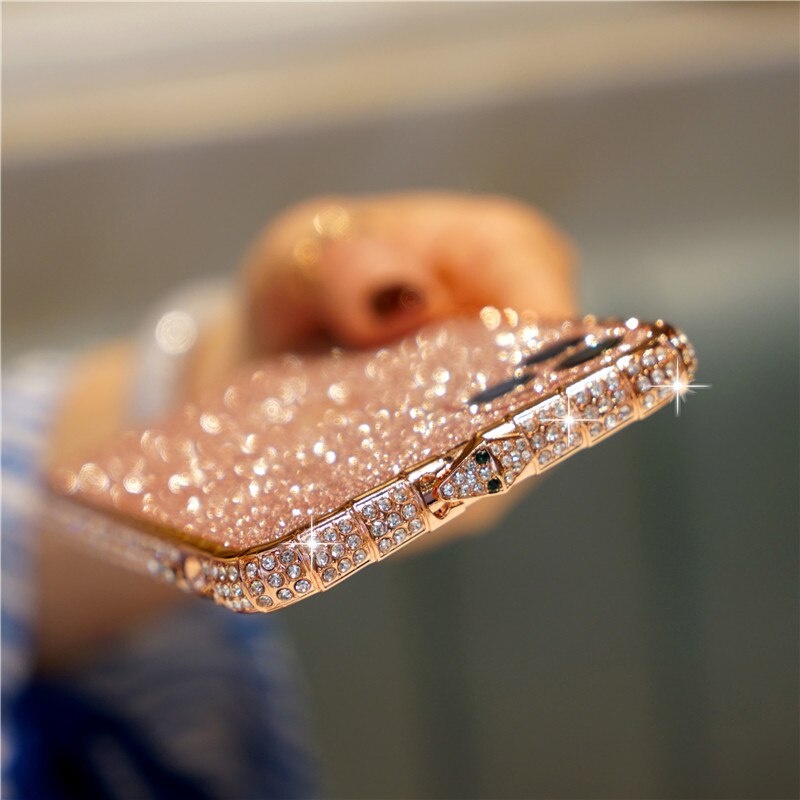 Ốp Điện Thoại Khung Kim Loại Họa Tiết Da Rắn Đính Đá Lấp Lánh Cho iPhone 6 6s 7 8 Plus X XS Max XR 11 12 13 14 Pro Max