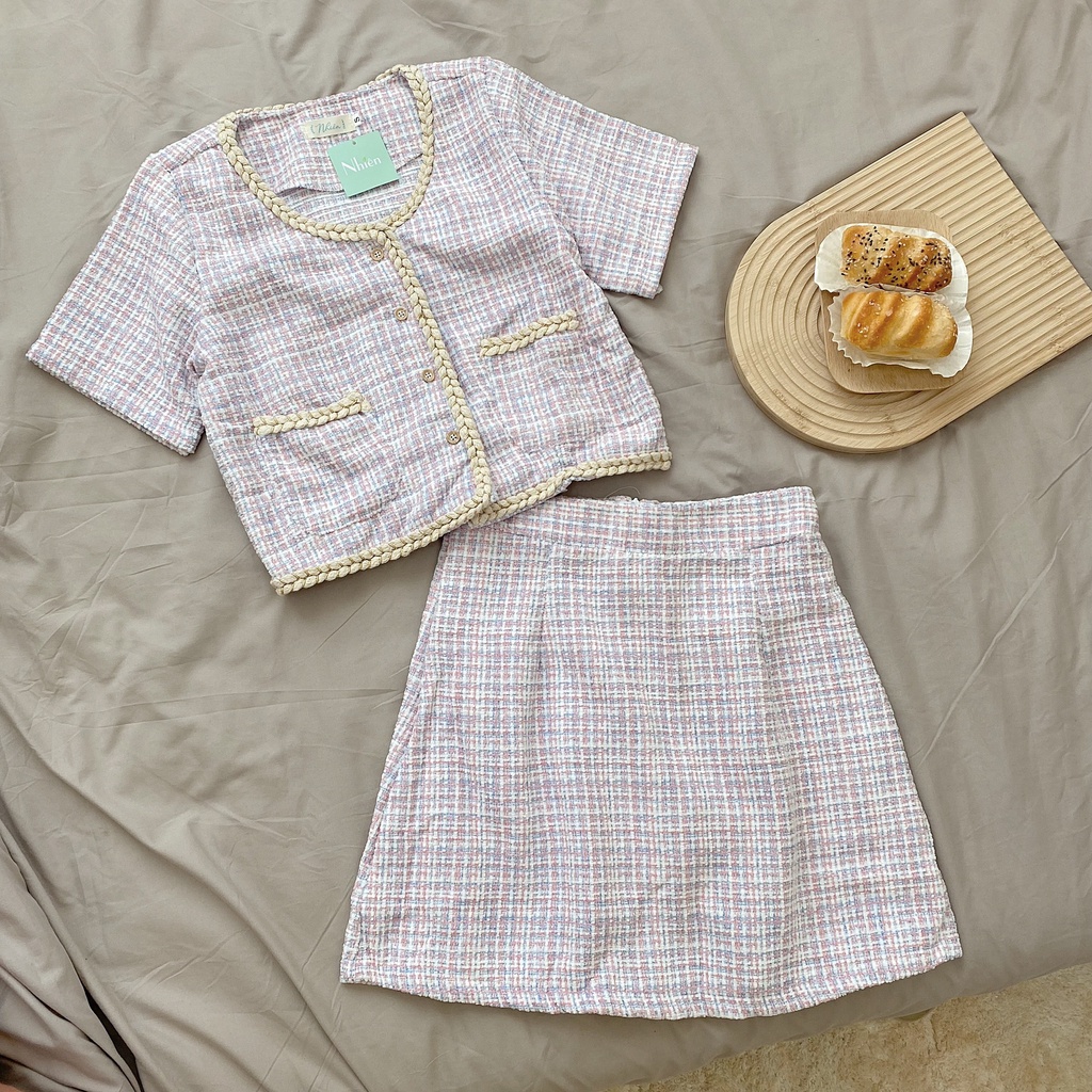 Set áo + chân váy dạ tweed thiết kế cao cấp Nhienvintage _SET1