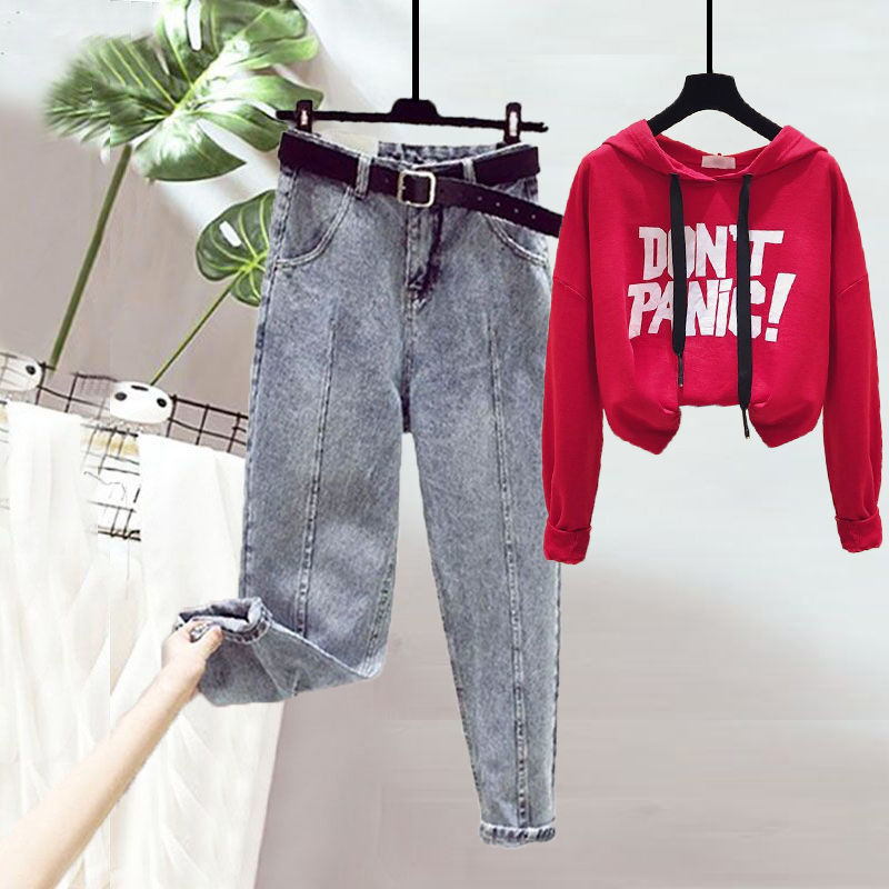 Set Áo Hoodie Lửng Dài Tay Có Mũ + Quần Dài Lưng Cao Thời Trang Cho Nữ