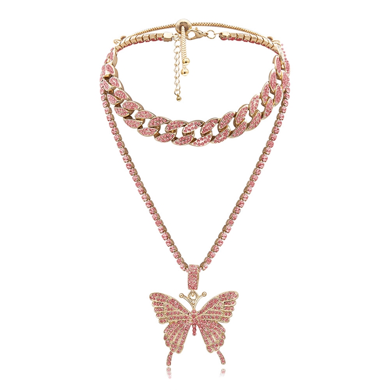 Uwin Iconic Butterfly Pendant 9mm Rose Gold Cuban Chain Cubic Charm Pink Tennis Chain Necklace Men Women Hip Hop Jewelry Gift|Chain Necklaces
