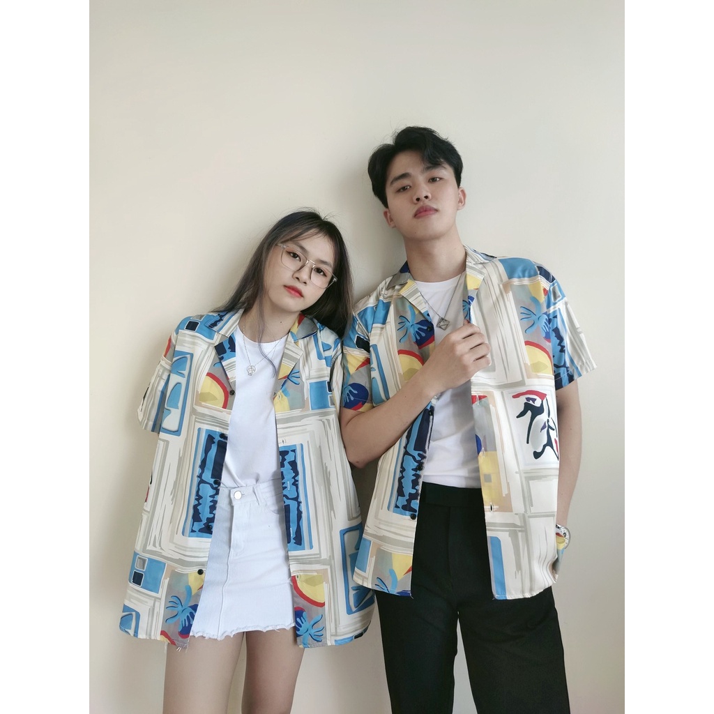 Áo sơ mi tay lỡ ngắn tay họa tiết cổ trụ vest unisex form rộng nam nữ mặc đi chơi đi biển mặc cặp với người yêu