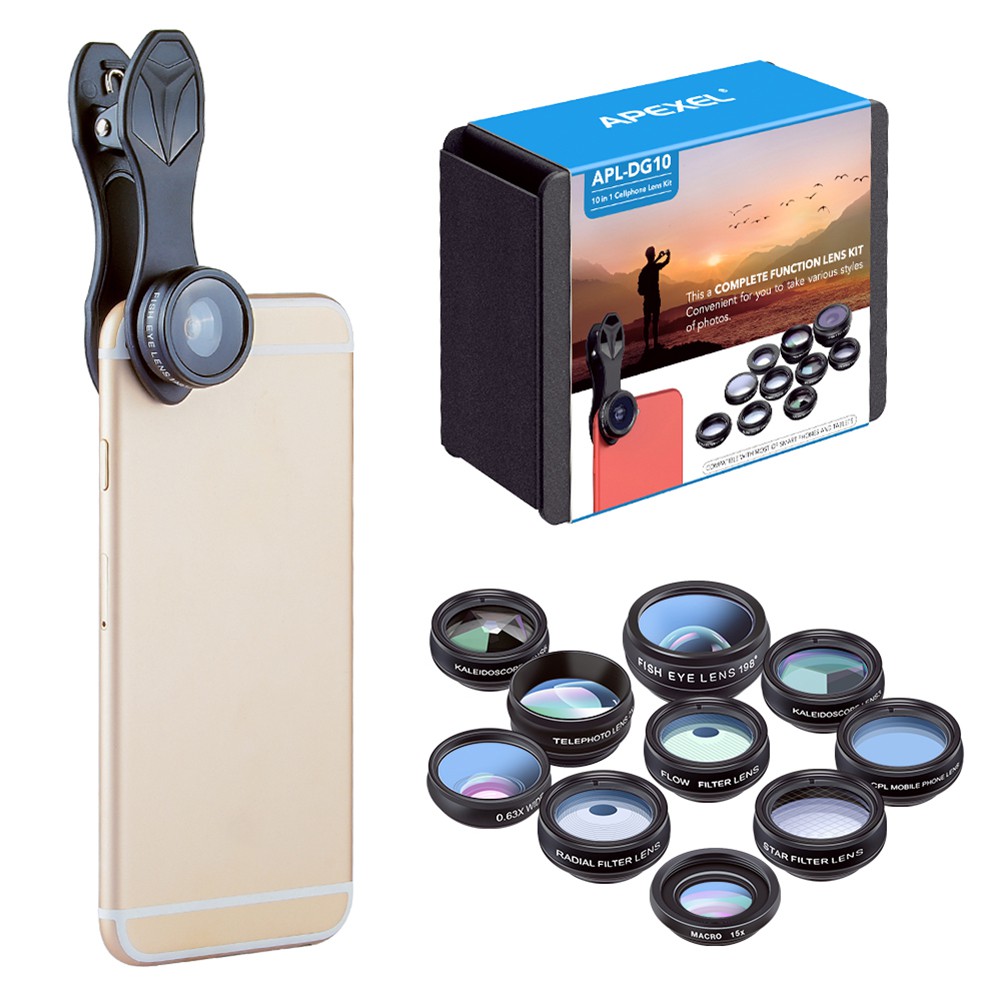 Muse07 10 in 1 Smartphone Lens Kit 15X Macro Lens 0.63X Wide Angle Lens 198-Degree Fisheye Lens X2 Lens Filters