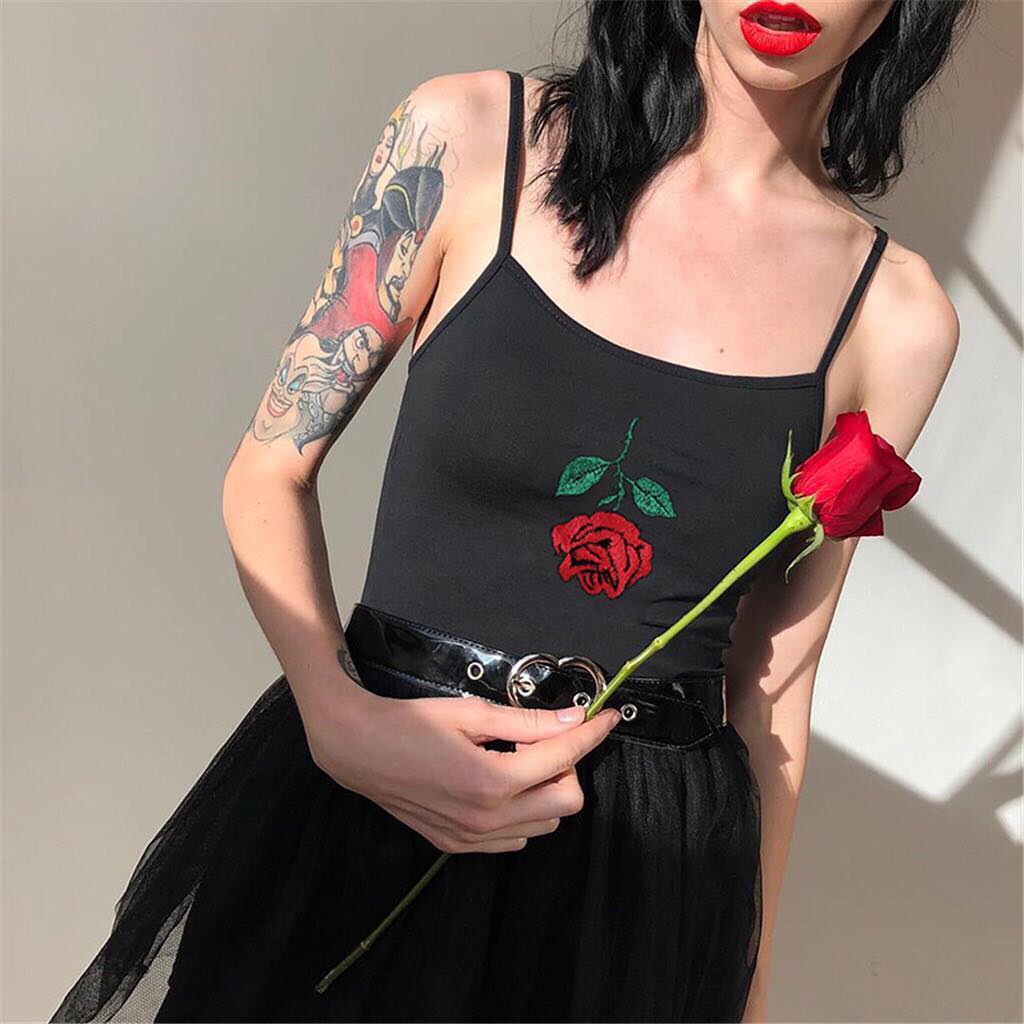 áo 2 dây croptop thêu hoa hồng đỏ thời trang nữ cá tính