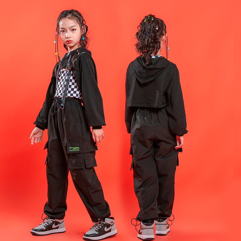 Bộ Đồ Áo Croptop Hoodie + Quần Dài Họa Tiết Caro Đen Dành Cho Bé 4-16 Tuổi