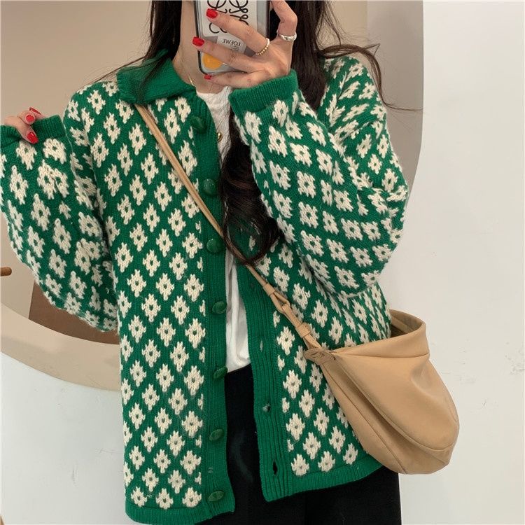 Áo Khoác Cardigan Dệt Kim Tay Dài Dáng Rộng Đính Đá Phong Cách Retro Hàn Quốc