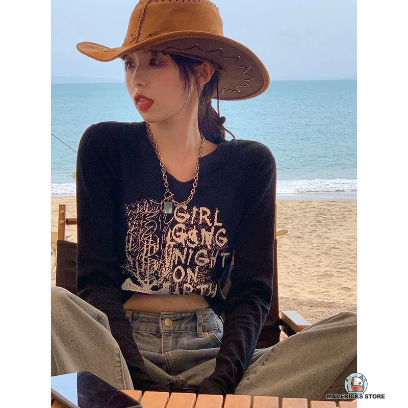 Áo thun crop top tay dài cổ chữ V phong cách Hàn Quốc mới