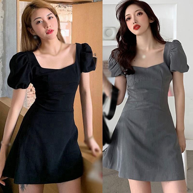 Đầm Nữ Tay Phồng Cổ Vuông Dáng Chữ A In Họa Tiết Hoa Xinh Xắn