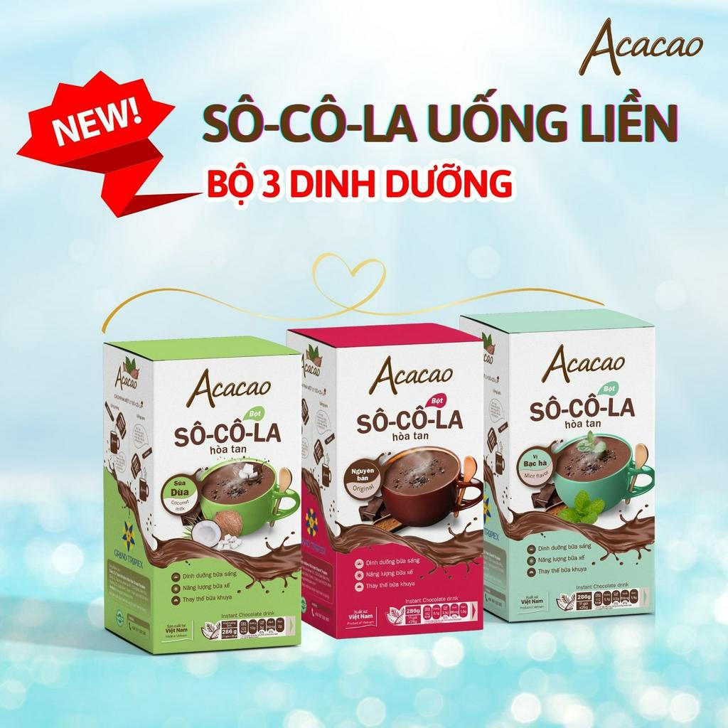 Combo 3 hộp bột Sô Cô La dinh dưỡng VỊ BẠC HÀ, SỮA DỪA và NGUYÊN BẢN phòng ngừa thiếu máu [Acacao]