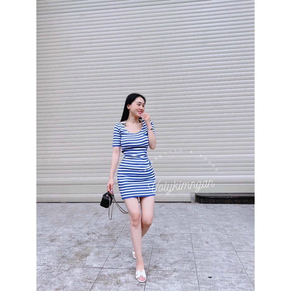 đầm gân body kẻ sọc phối túi cổ tròn ngắn tay