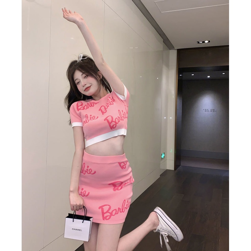 Set Áo Thun Ngắn Tay + Chân Váy Hồng Xinh Xắn Thời Trang Mùa Hè Dành Cho Nữ