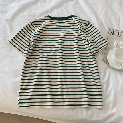 Áo Thun Cotton Ngắn Tay Họa Tiết Kẻ Sọc Thời Trang Mùa Hè Hàn Quốc Mới Cho Nữ