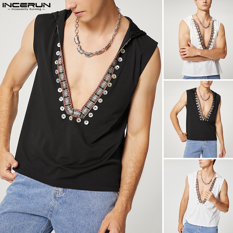 INCERUN Áo Hoodie Cổ Chữ V Dáng Rộng Phong Cách Retro Thời Trang Mùa Hè Giản Dị Dành Cho Nam