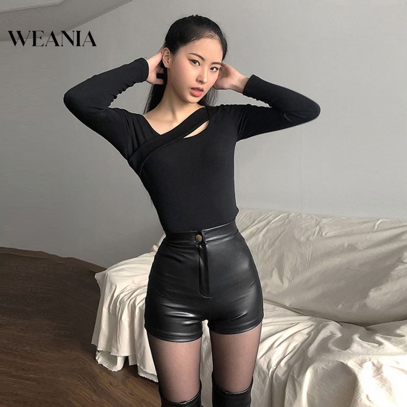 Quần Short Da PU Lưng Cao Phối Nút Size S-2XL Cho Nữ