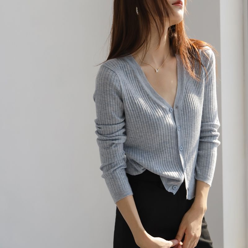 Áo Khoác Cardigan Thun Len Nữ Tay Dài Cổ Tim Hàn Quốc