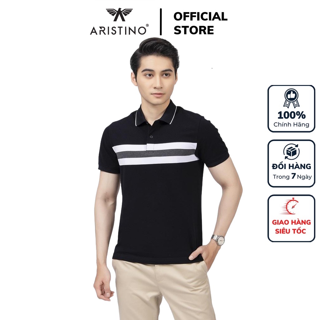 Áo thun polo nam Aristino APS129S2 phông ngắn tay có cổ bẻ dáng suông vừa màu đen kẻ trắng vải cotton cao cấp mềm mại