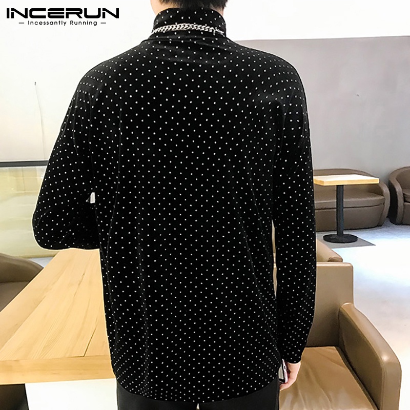 Áo nam INCERUN dài tay cổ cao màu đen họa tiết chấm bi
