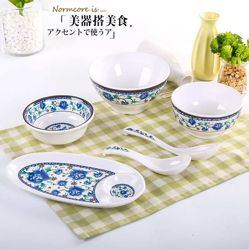 Bộ Chén Dĩa Bằng Nhựa Melamine Màu Xanh Và Trắng Cho Nhà Hàng Khách Sạn