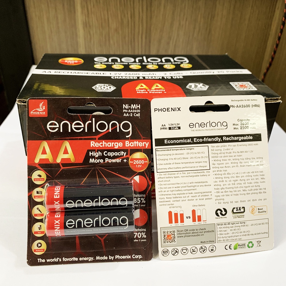 Vỉ 2 viên pin sạc AA Enerlong 2600mAh, Pin sạc lại 600 lần - Enerlong AA-2600 (Hàng chuẩn)