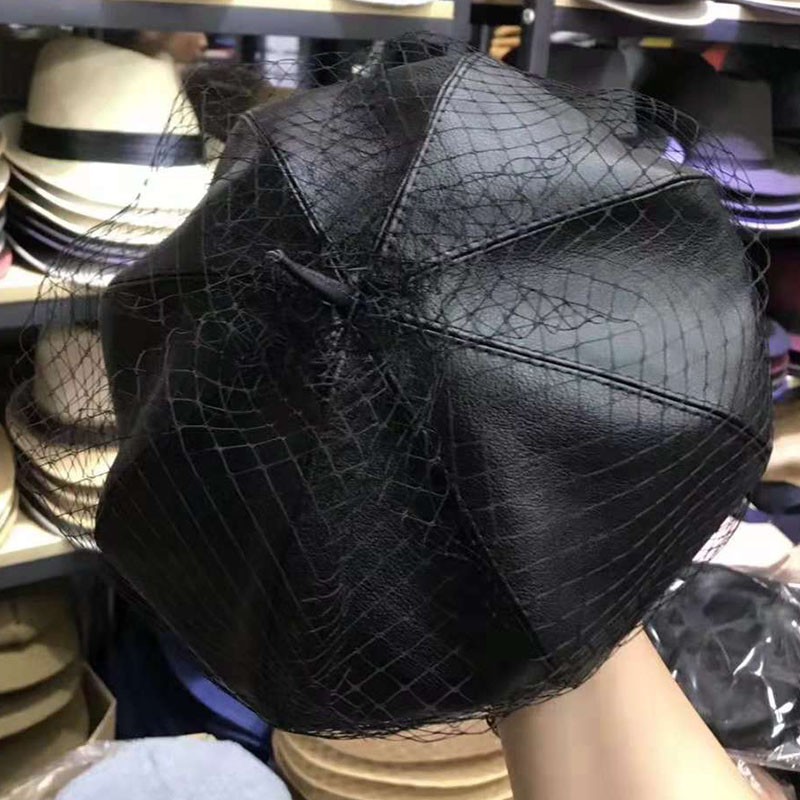 Mũ beret da phối lưới thời trang nữ cá tính