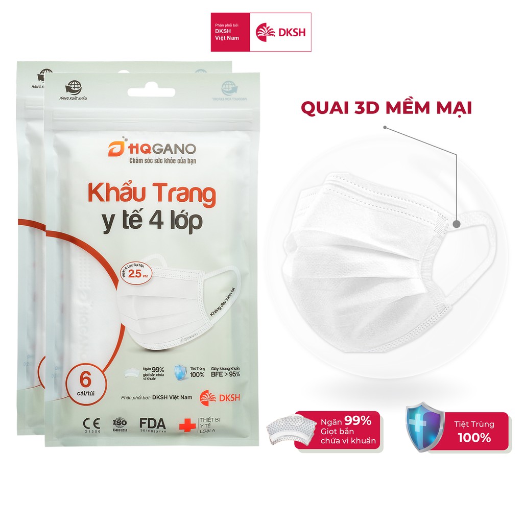 Combo 2 Gói khẩu trang y tế quai 3D mới 4 lớp HQGANO  kháng khuẩn, đạt chuẩn xuất khẩu, không mùi, chất liệu cực mềm mại