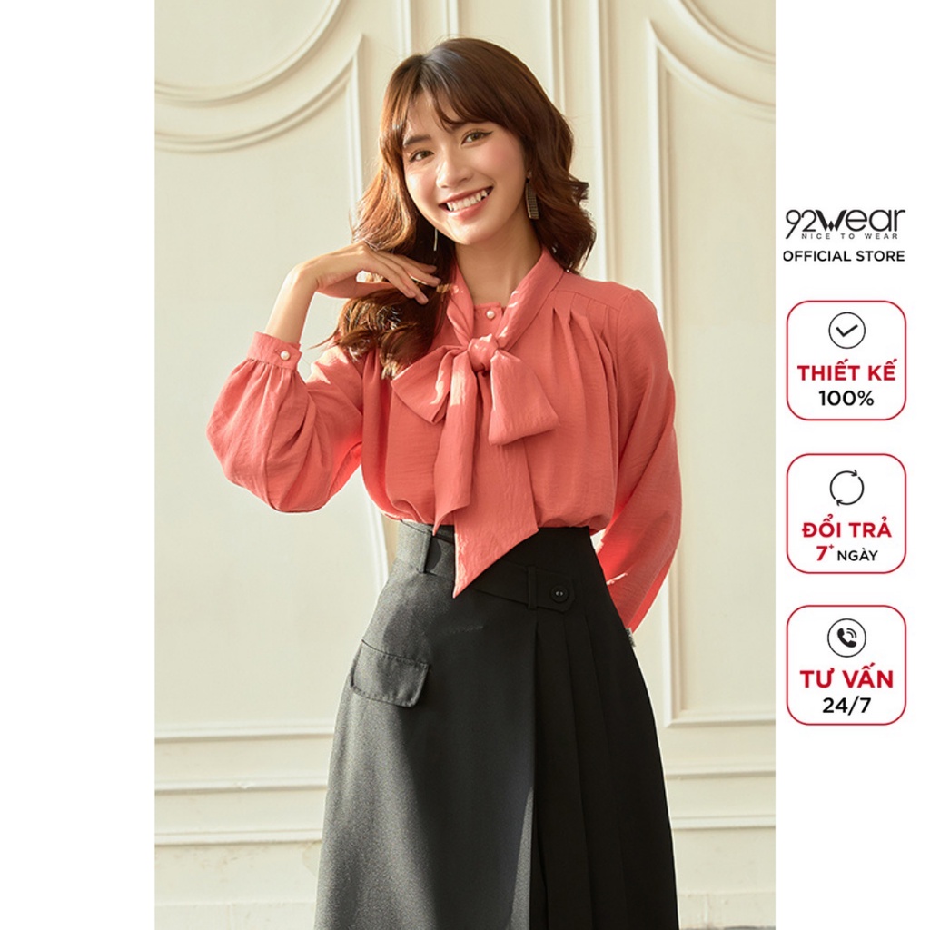 Áo sơ mi nữ form rộng 92WEAR dài tay cổ nơ công sở thanh lịch 92WEAR ASW1151