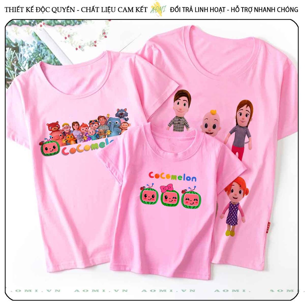 ÁO THUN HOẠT HÌNH cocomelon UNISEX PHÔNG HỒNG TAY NGẮN NAM NỮ GIA ĐÌNH CẶP ĐÔI SIZE TRẺ EM BÉ TRAI GÁI AOMIVN