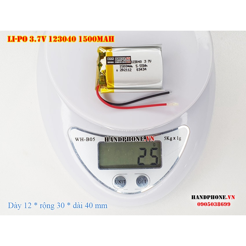 Pin sạc Li-Po 3.7V 1500mAh 123040  cho Loa Bluetooth, Camera Hành Trình, Khoá Vân Tay, Chuột Máy Tính