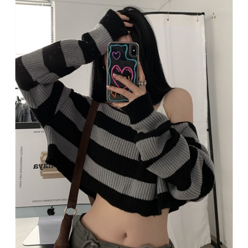 Áo Len Tay Dài Cổ Tròn Họa Tiết Sọc Ngang Thời Trang Dành Cho Nữ