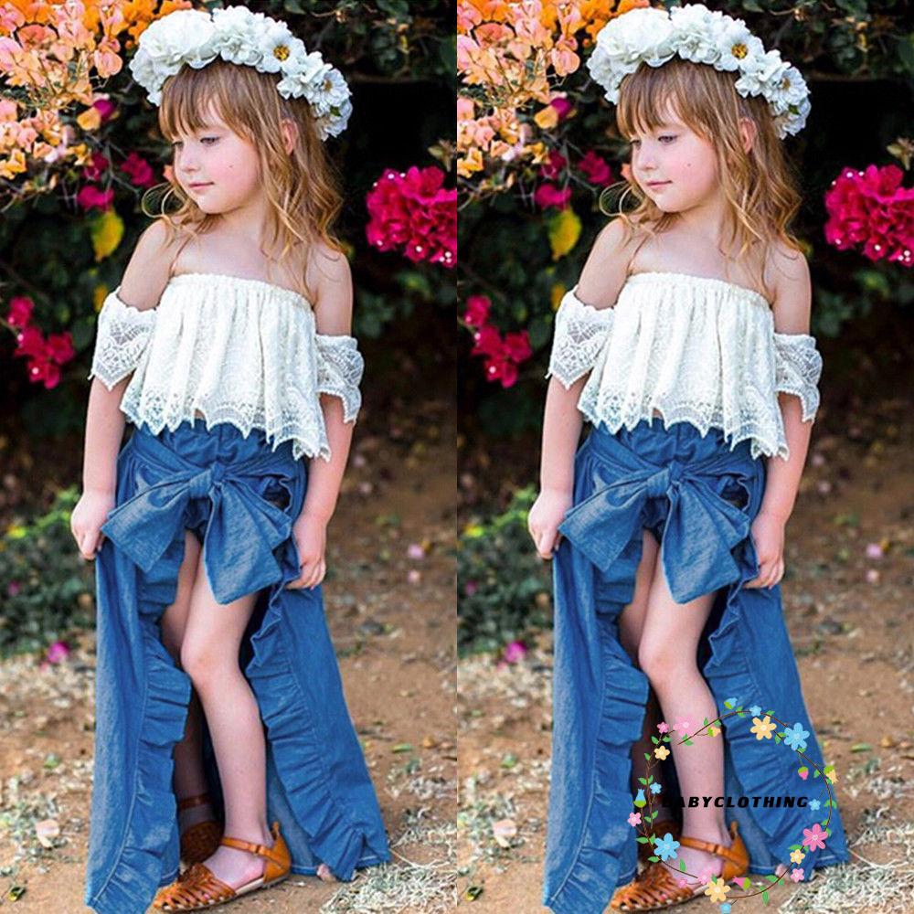 ღWSVღKids Girl Lace Tops+Denim Shorts Ruffles Bow Skirt Set