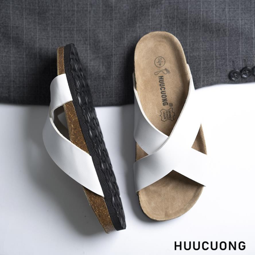 Dép unisex HuuCuong quai chéo màu trắng đế trấu hanmade