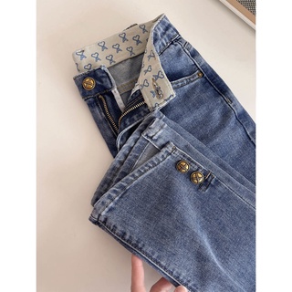 Quần Jean Dài Lưng Cao Ống Đứng Xẻ Tà Màu Xanh Dương Thời Trang Cá Tính Cho Nữ