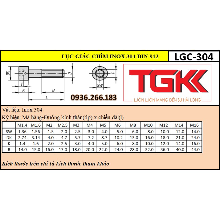 Bulong LGC đầu trụ inox 304 M2.0 (22mm-40mm)